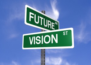 a set of street signs with future and vision on them